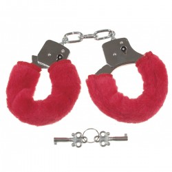 Handschellen, 2 Schlüssel, chrom, Fellüberzug in rot